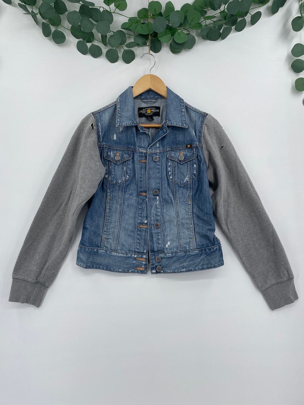 Lucky Brand Distressed 100% Cotton Denim Jacket with Grey Sweater Sleeves Small